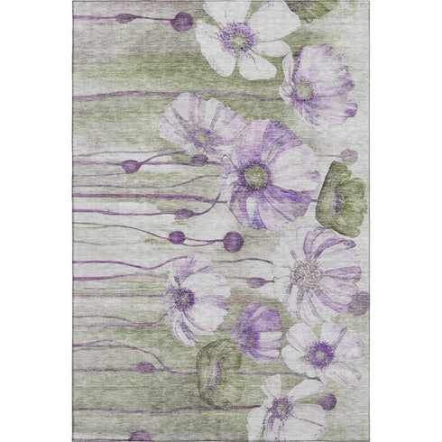 9' X 12' Purple Green And Ivory Floral Washable Area Rug With UV Protection