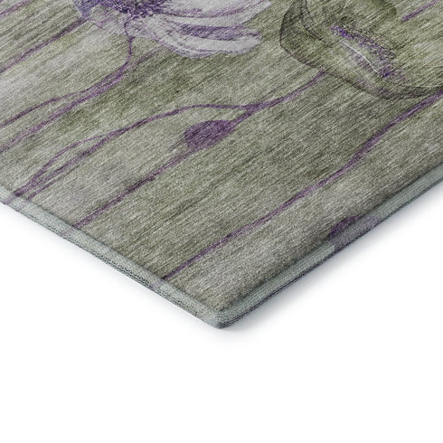 9' X 12' Purple Green And Ivory Floral Washable Area Rug With UV Protection