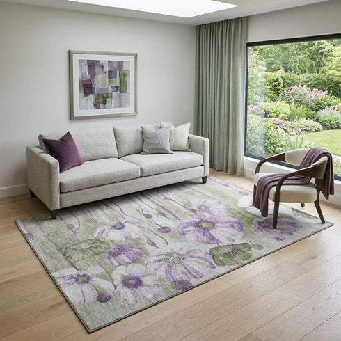 9' X 12' Purple Green And Ivory Floral Washable Area Rug With UV Protection