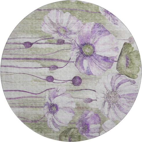 9' X 12' Purple Green And Ivory Floral Washable Area Rug With UV Protection