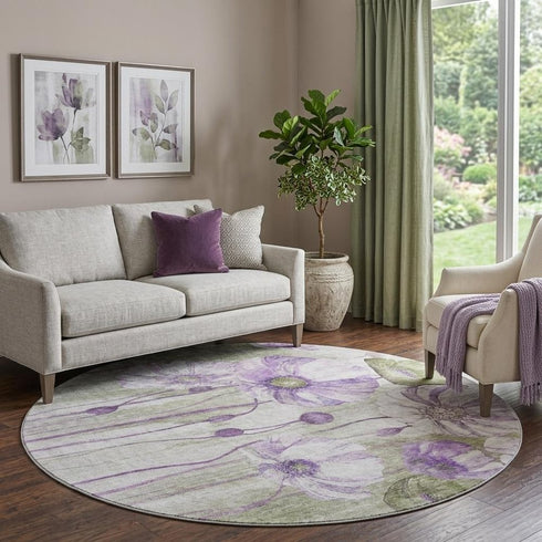 9' X 12' Purple Green And Ivory Floral Washable Area Rug With UV Protection