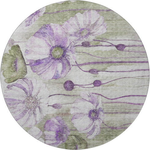 9' X 12' Purple Green And Ivory Floral Washable Area Rug With UV Protection