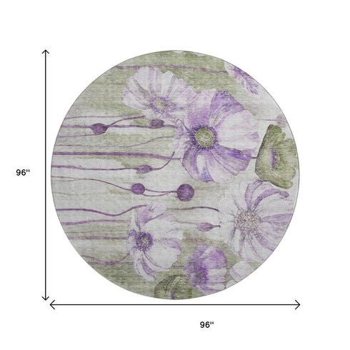 9' X 12' Purple Green And Ivory Floral Washable Area Rug With UV Protection