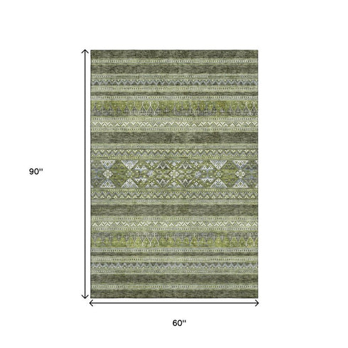 9' X 12' Olive Green Gray And Ivory Southwestern Washable Area Rug With UV Protection