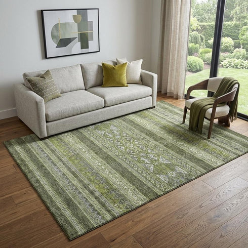 9' X 12' Olive Green Gray And Ivory Southwestern Washable Area Rug With UV Protection