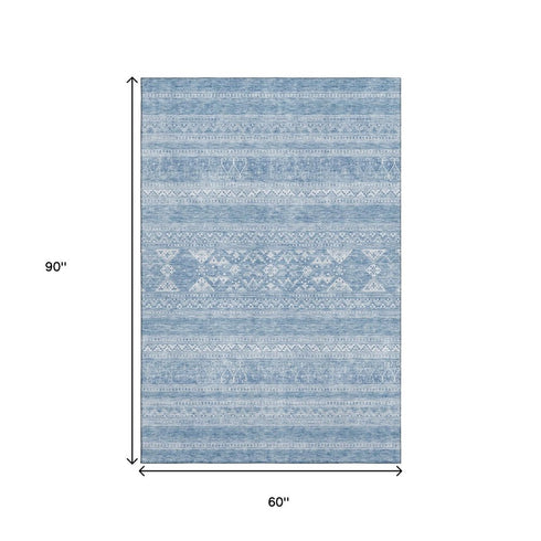 5' X 8' Sky Blue And Ivory Southwestern Washable Area Rug With UV Protection