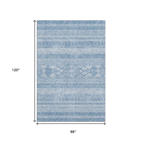 5' X 8' Sky Blue And Ivory Southwestern Washable Area Rug With UV Protection