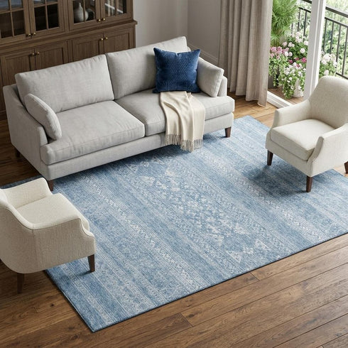 5' X 8' Sky Blue And Ivory Southwestern Washable Area Rug With UV Protection