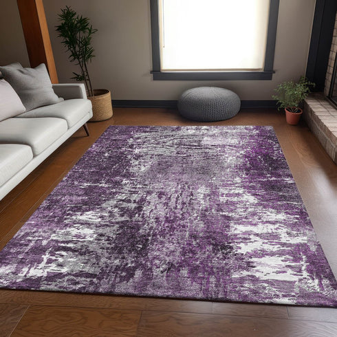 9' X 12' Eggplant And Ivory Abstract Washable Area Rug With UV Protection