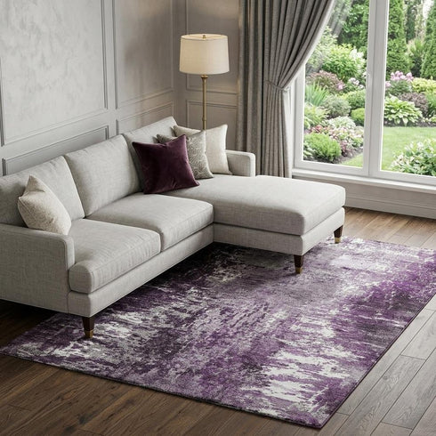 9' X 12' Eggplant And Ivory Abstract Washable Area Rug With UV Protection