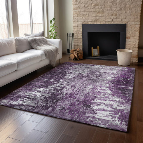 9' X 12' Eggplant And Ivory Abstract Washable Area Rug With UV Protection
