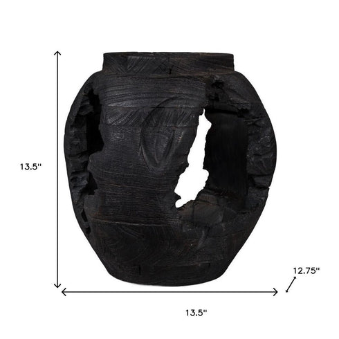 14" Black Solid Wood Table Vase With Sculptural Details