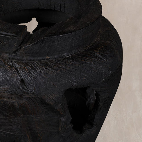 18" Black Solid Wood Modern Abstract Table Vase With Sculptural Details