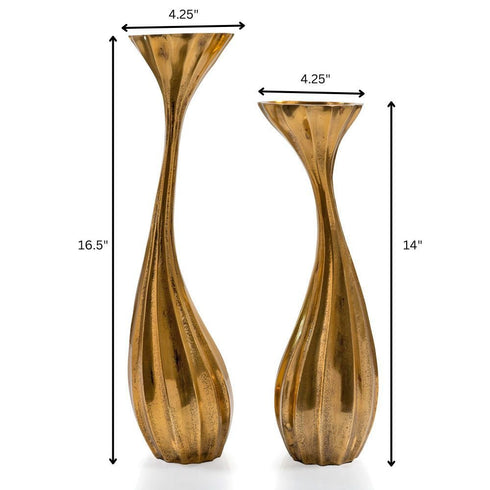 Set of Two Antiqued Gold Aluminum Wavy Faceted Tabletop Pillar Candle Holders