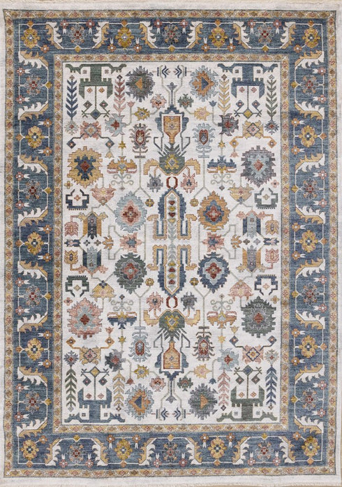 5' X 8' Cream Blue And Green Medallion Area Rug