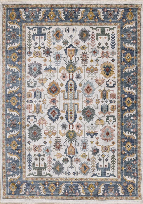 5' X 8' Cream Blue And Green Medallion Area Rug
