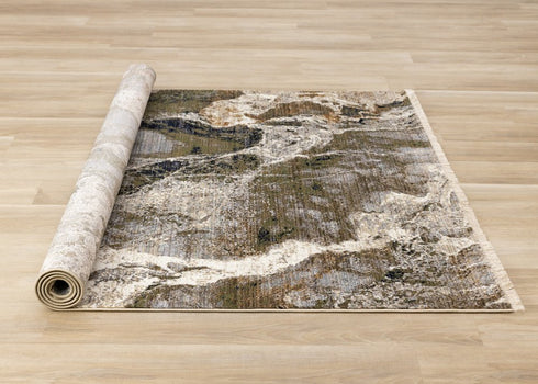 8' X 10' Black Dark Green And Beige Abstract Area Rug