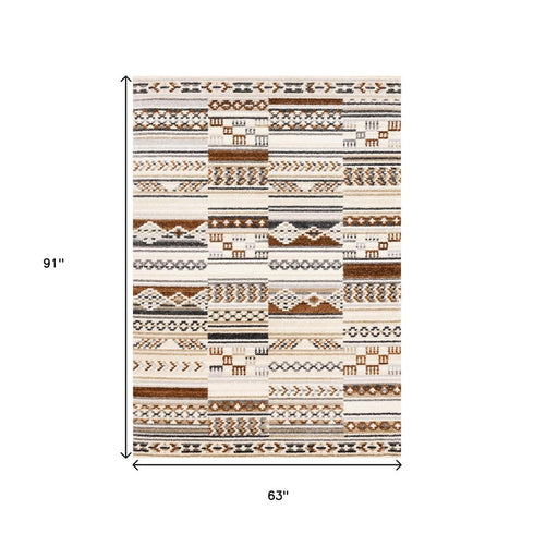 5' X 8' Cream Black And Brown Tribal Area Rug
