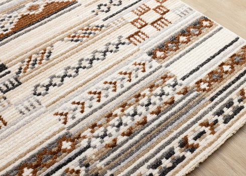 5' X 8' Cream Black And Brown Tribal Area Rug