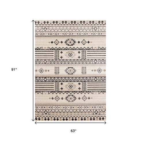 5' X 8' Cream And Black Tribal Area Rug