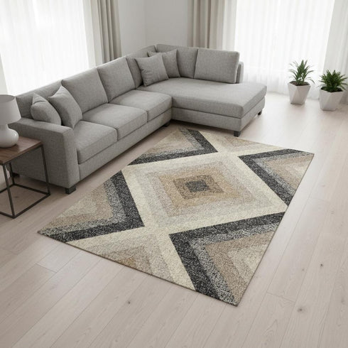 8' X 11' Gray Beige And Black Geometric Area Rug