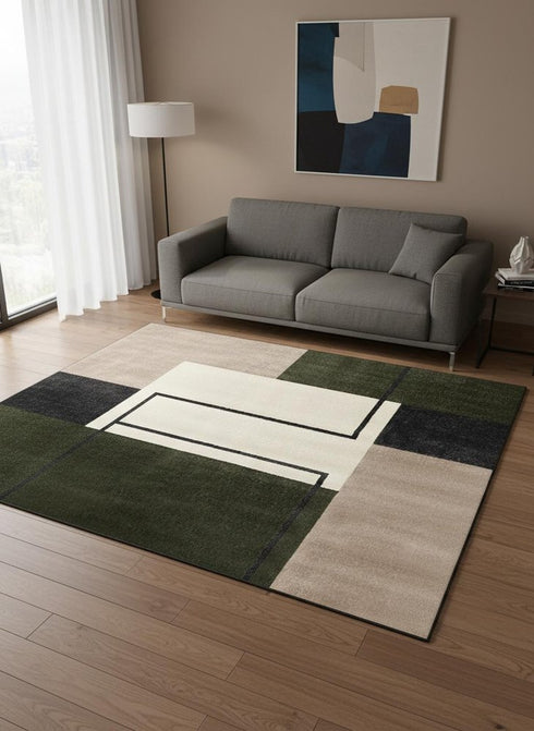 5' X 8' Green Black And Ivory Geometric Area Rug