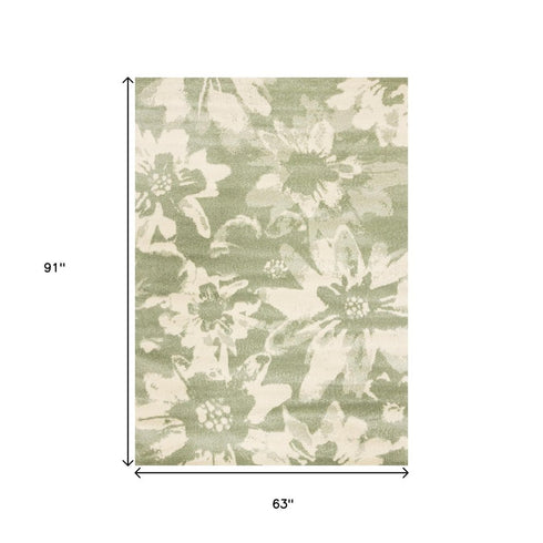 5' X 8' Green And Cream Botanical Leaves Area Rug