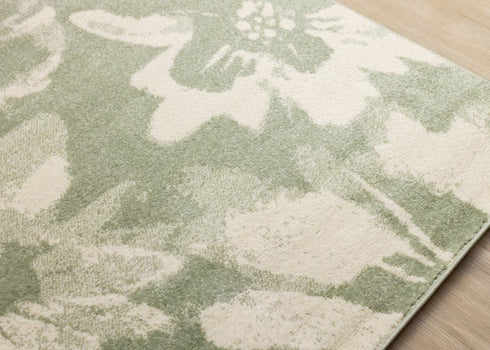 5' X 8' Green And Cream Botanical Leaves Area Rug