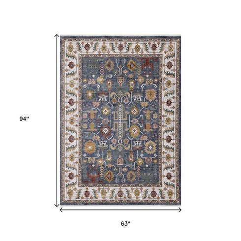5' X 8' Blue Cream And Yellow Medallion Area Rug
