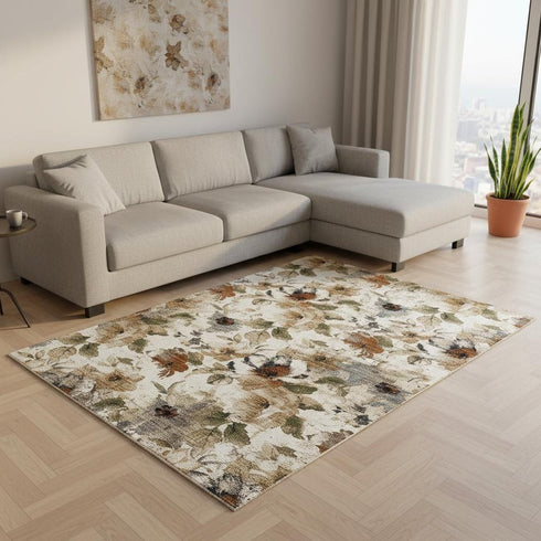 8' X 10' Cream Beige And Green Floral Area Rug