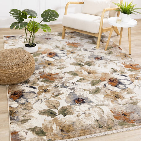 8' X 10' Cream Beige And Green Floral Area Rug