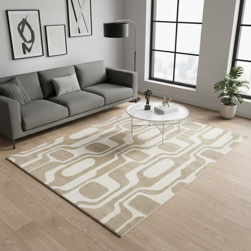 5' X 8' Cream And Beige Geometric Area Rug