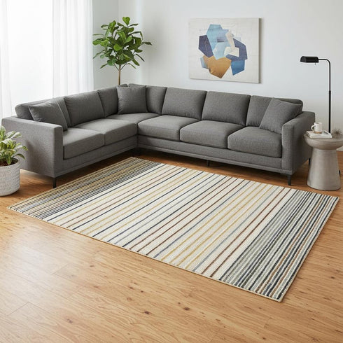 8' X 11' Cream Blue And Red Striped Area Rug
