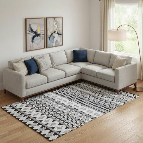 8' X 10' Black And Ivory Ikat Washable Area Rug With UV Protection