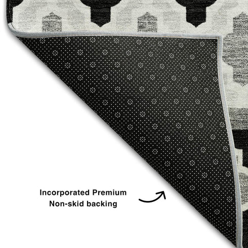 8' X 10' Black And Ivory Ikat Washable Area Rug With UV Protection