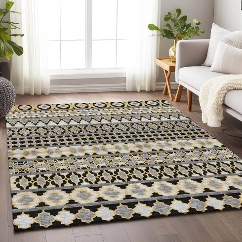 8' X 10' Charcoal Ivory And Copper Ikat Washable Area Rug With UV Protection
