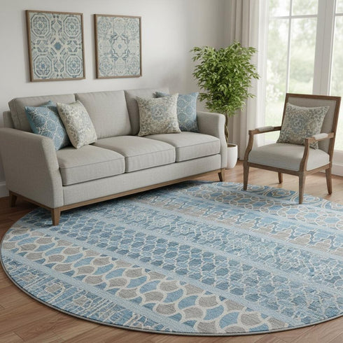 8' Sky Blue Gray And Ivory Ikat Washable Round Rug With UV Protection