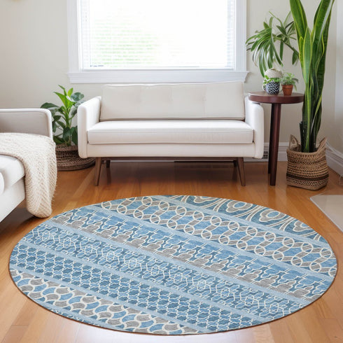 8' Sky Blue Gray And Ivory Ikat Washable Round Rug With UV Protection
