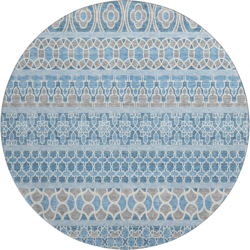 8' Sky Blue Gray And Ivory Ikat Washable Round Rug With UV Protection