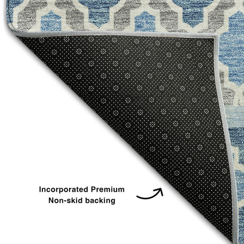 8' Sky Blue Gray And Ivory Ikat Washable Round Rug With UV Protection