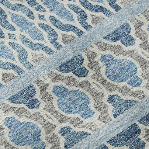 8' Sky Blue Gray And Ivory Ikat Washable Round Rug With UV Protection