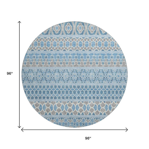 8' Sky Blue Gray And Ivory Ikat Washable Round Rug With UV Protection