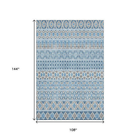 9' X 12' Sky Blue Gray And Ivory Ikat Washable Area Rug With UV Protection