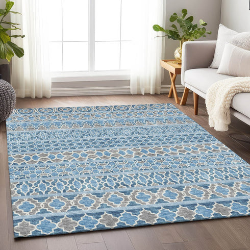 9' X 12' Sky Blue Gray And Ivory Ikat Washable Area Rug With UV Protection