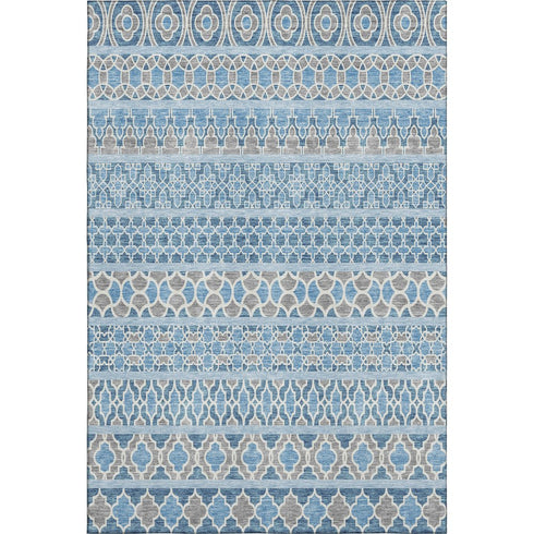 9' X 12' Sky Blue Gray And Ivory Ikat Washable Area Rug With UV Protection