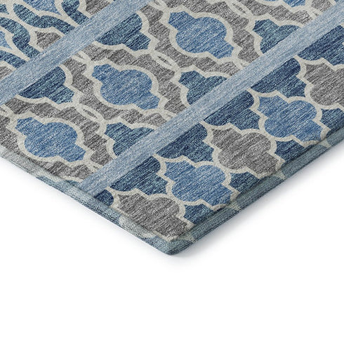 9' X 12' Sky Blue Gray And Ivory Ikat Washable Area Rug With UV Protection