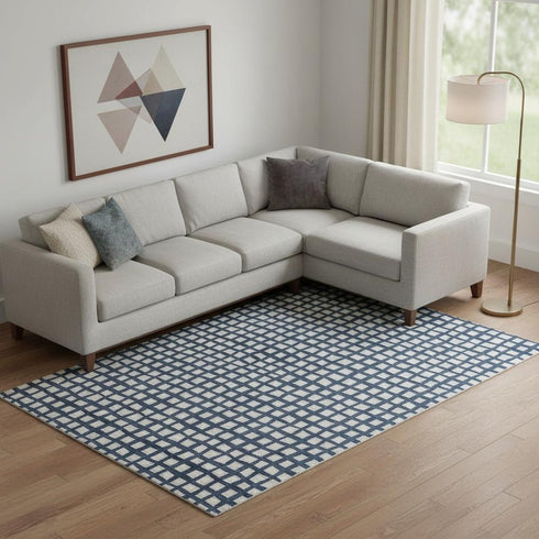 8' X 10' Blue And Ivory Geometric Washable Area Rug With UV Protection