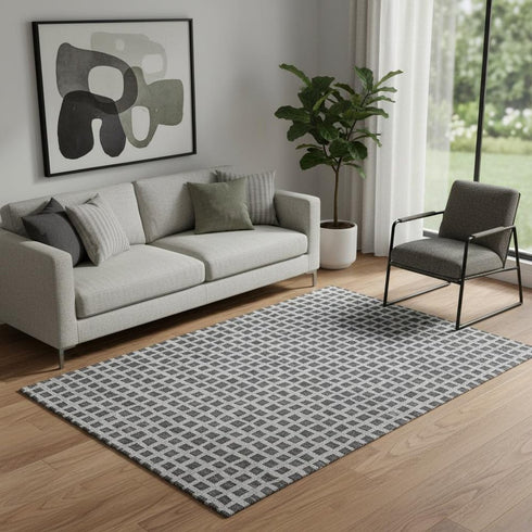 5' X 8' Graphite And Silver Geometric Washable Area Rug With UV Protection