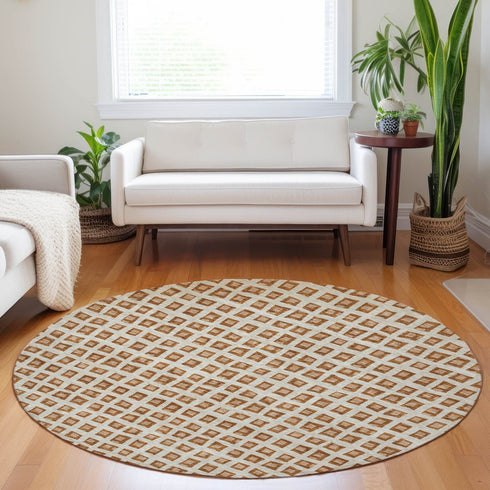 8' Rust Copper And Beige Geometric Washable Round Rug With UV Protection