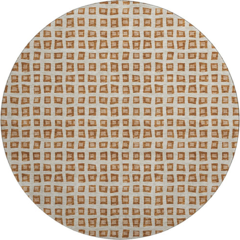 8' Rust Copper And Beige Geometric Washable Round Rug With UV Protection